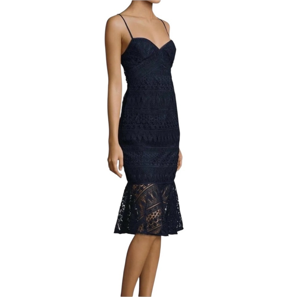 Likely Darby Lace Midi Dress Navy Strappy Back Cocktail Dress Size 4